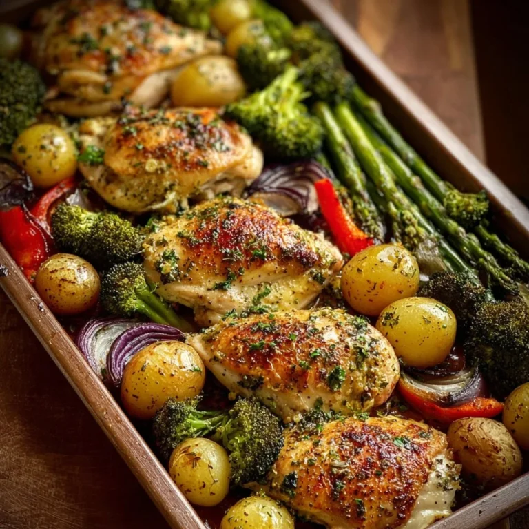 Delicious sheet pan garlic butter chicken with colorful roasted vegetables