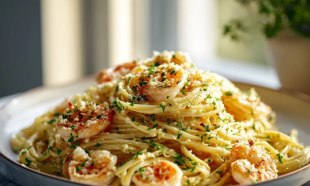 Shrimp Scampi Garlic Cream Pasta served in a white dish with herbs and lemon