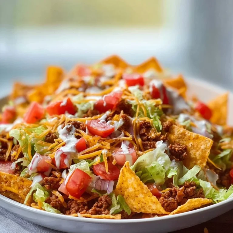 Colorful bowl of simple Doritos Taco Salad topped with fresh ingredients.
