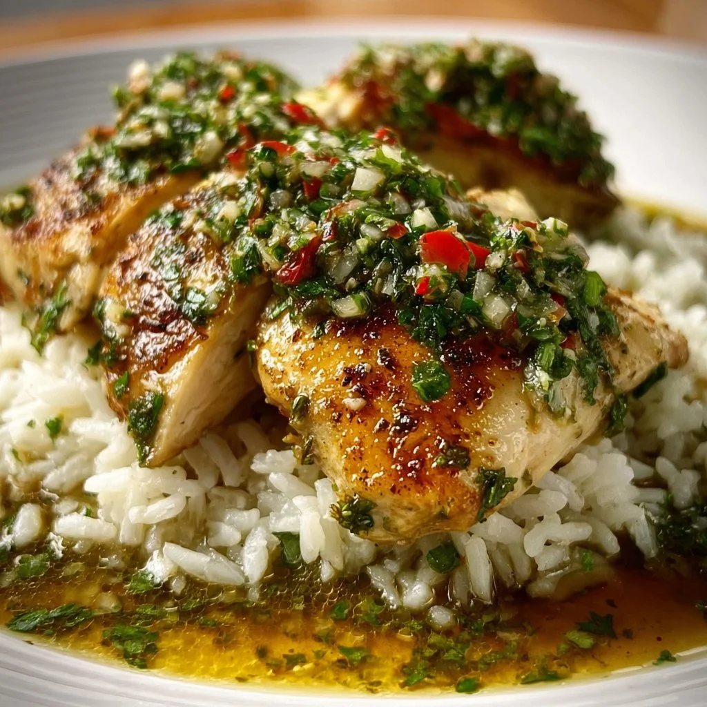 Skillet chicken served with rice and green sauce in a vibrant dish