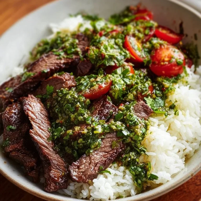 Skirt steak rice bowl topped with fresh chimichurri sauce