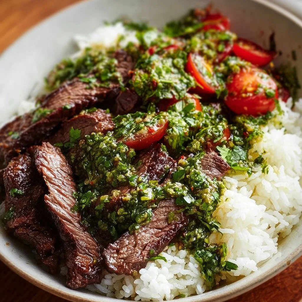 Skirt steak rice bowl topped with fresh chimichurri sauce