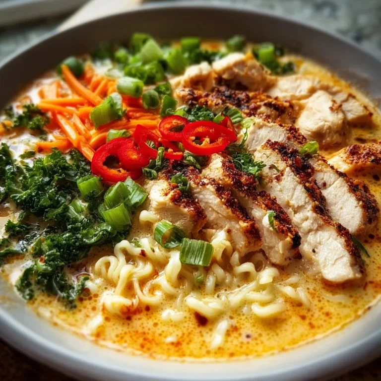 Bowl of spicy creamy chicken ramen soup with fresh ingredients and garnishes