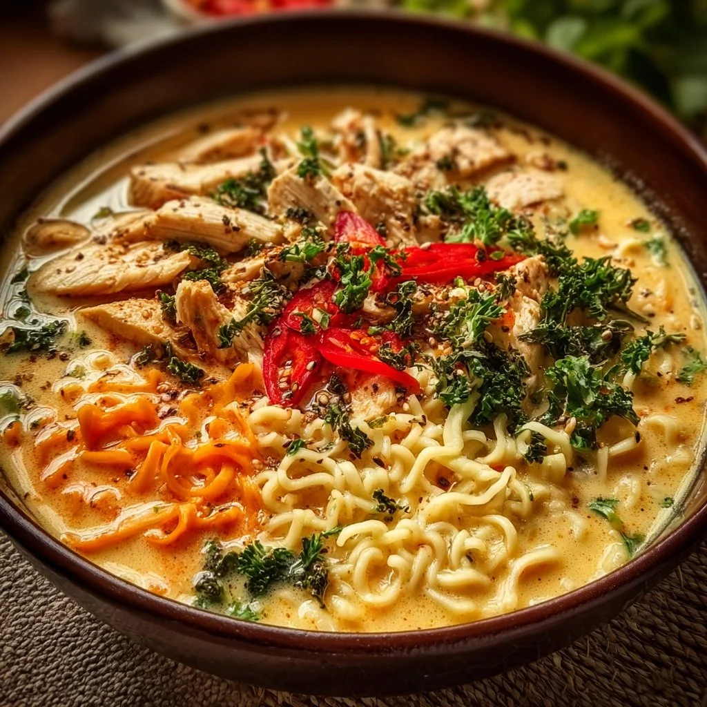 Spicy Creamy Chicken and Ramen Soup