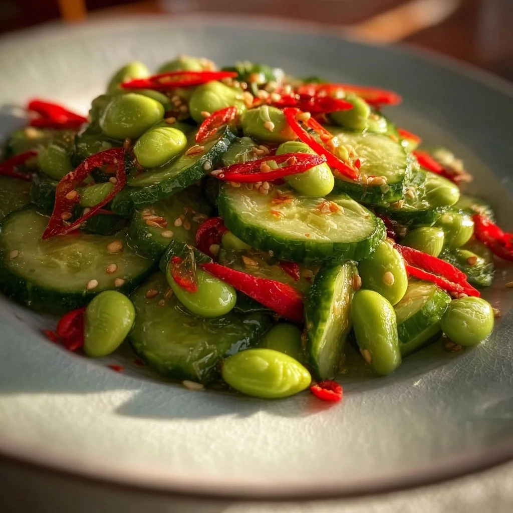 Spicy Cucumber and Edamame Salad with vibrant colors and textures