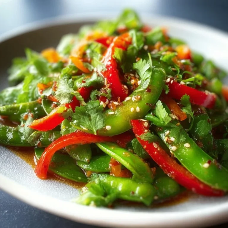 Colorful spicy snap pea salad with vibrant vegetables and dressing