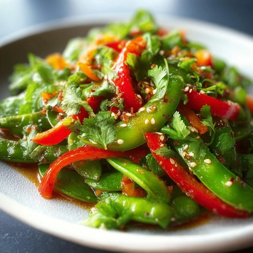 Colorful spicy snap pea salad with vibrant vegetables and dressing