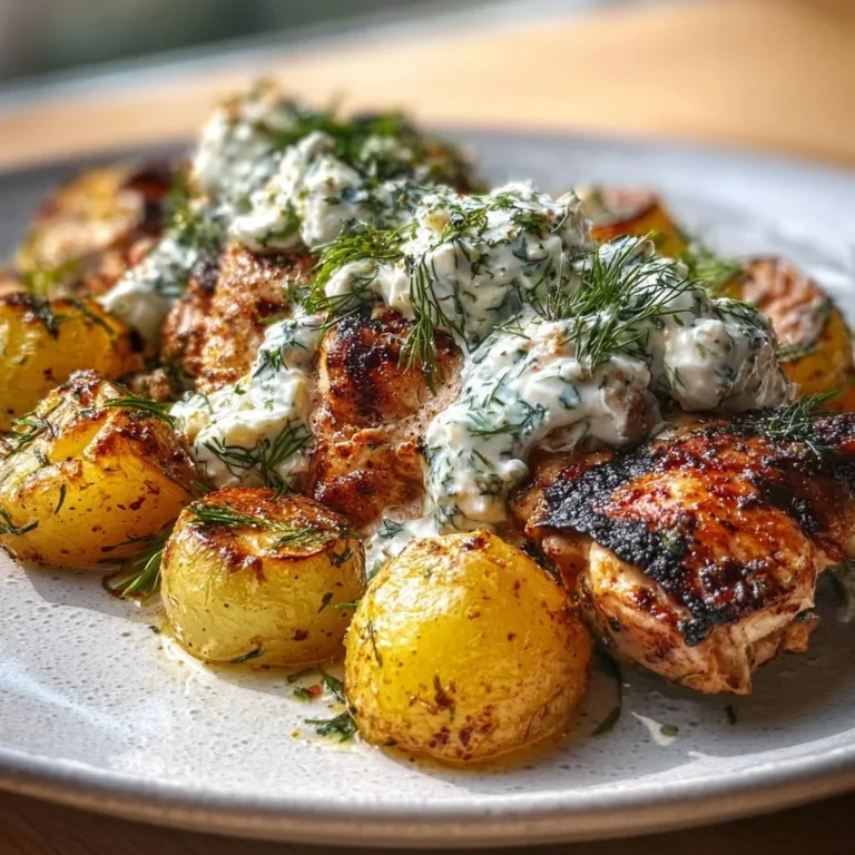 Plate of spicy yogurt marinated chicken with dill feta cream and crispy baby potatoes
