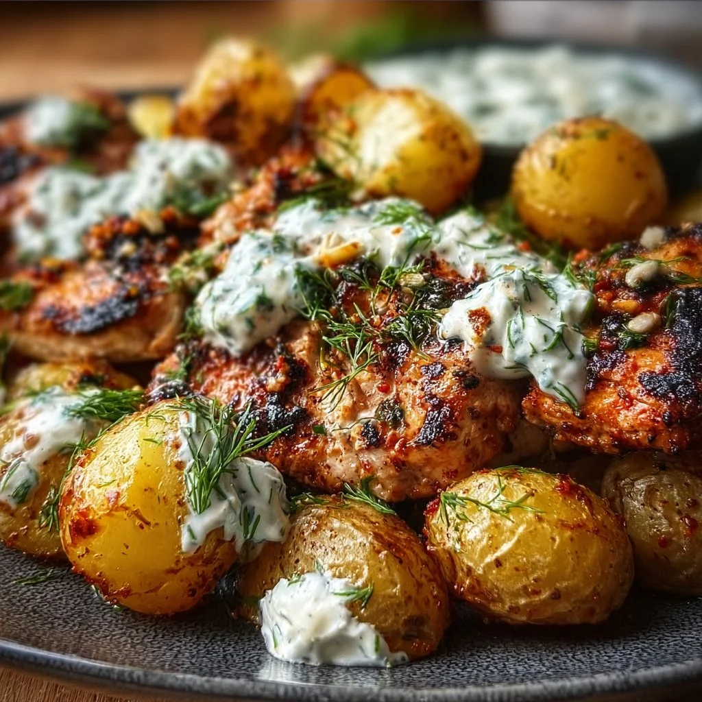 Spicy Yogurt Marinated Chicken with Dill Feta Cream & Crispy Baby Potatoes