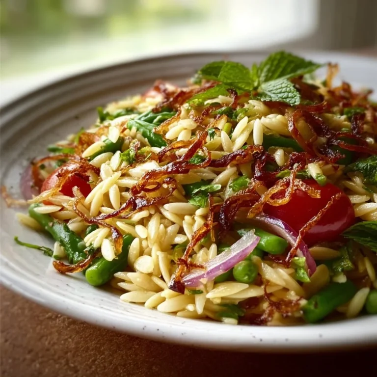 Spring Orzo Pasta Salad with Crispy Shallot Vinaigrette served in a bowl
