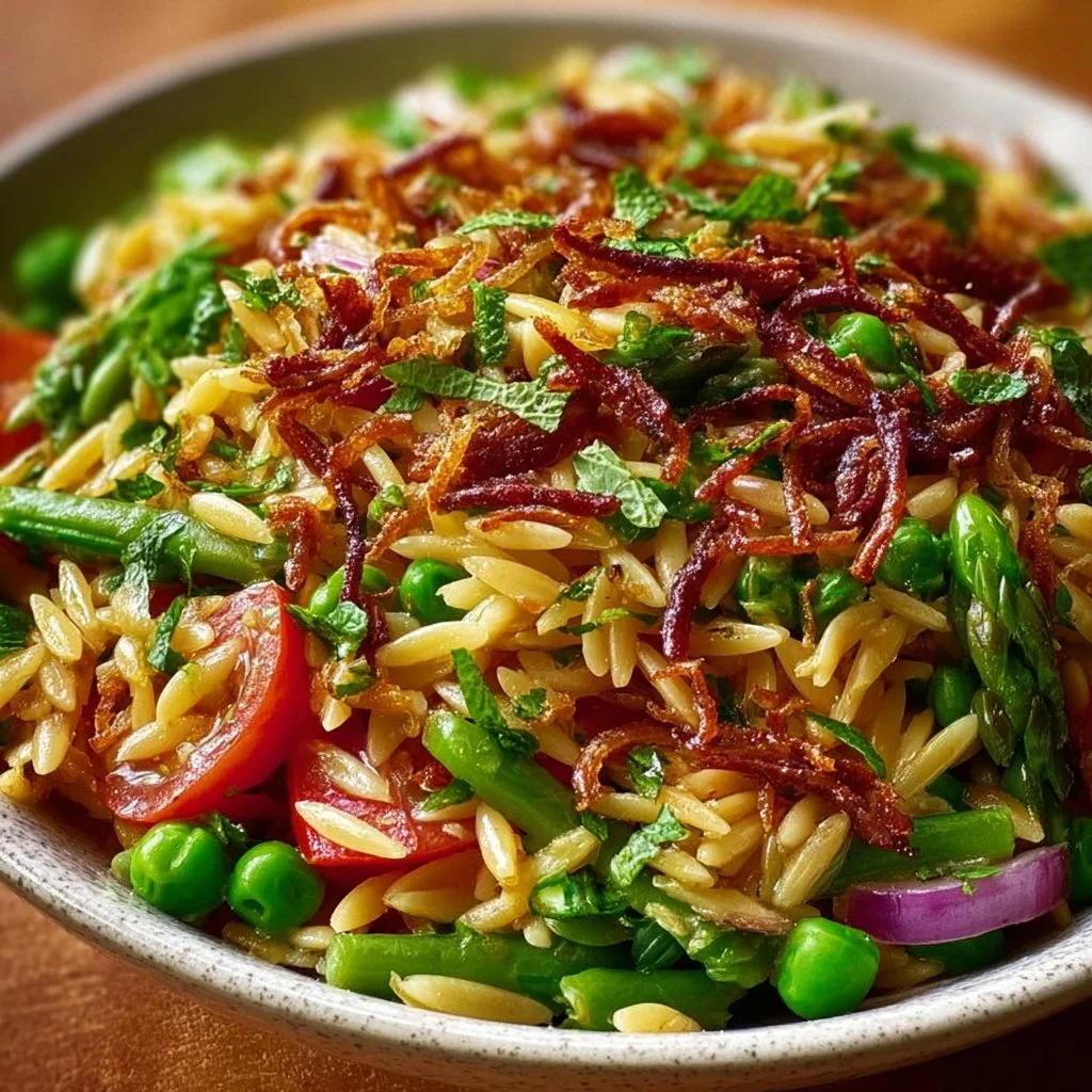 Spring Orzo Pasta Salad with Crispy Shallot Vinaigrette