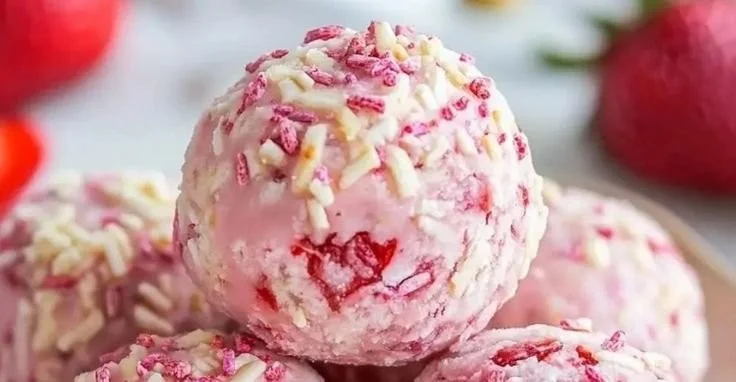 Strawberry cheesecake protein balls on a plate garnished with fresh strawberries