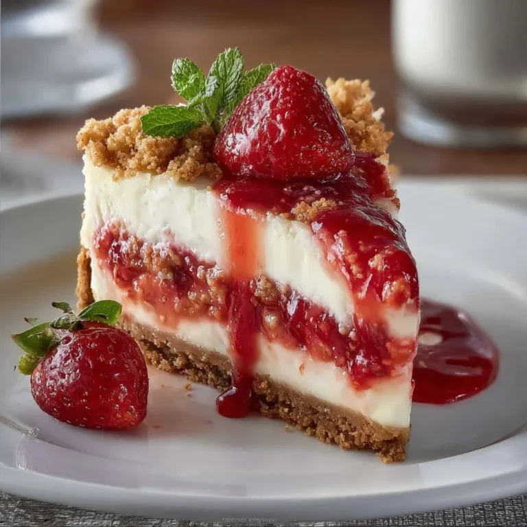 Strawberry Crunch Cheese Cake with creamy layers and crunchy topping