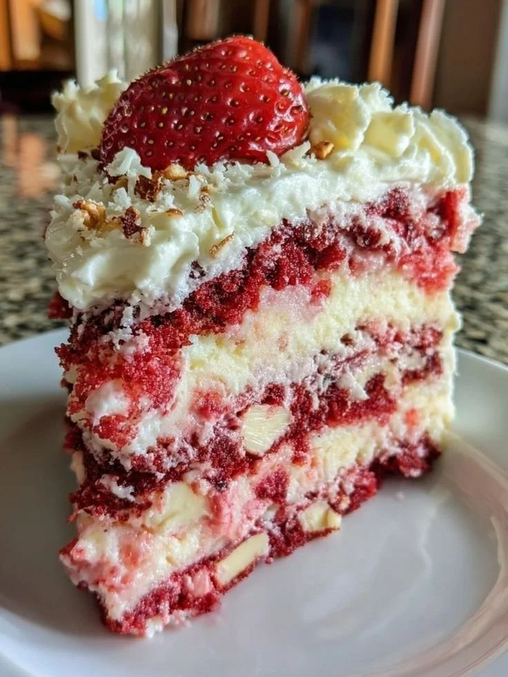 Delicious Strawberry Earthquake Cake with fresh strawberries and creamy topping