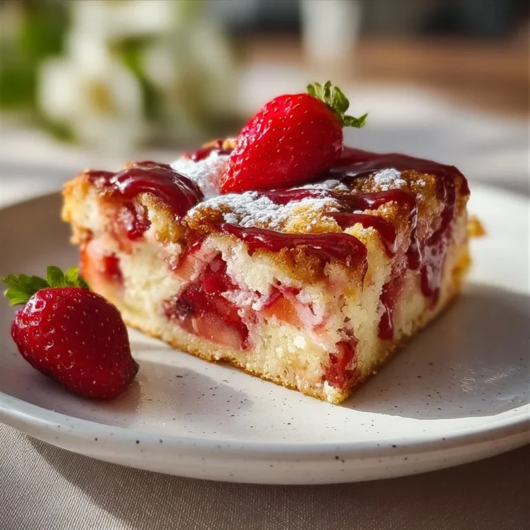 Delicious Strawberry Earthquake Cake topped with fresh strawberries and chocolate frosting.