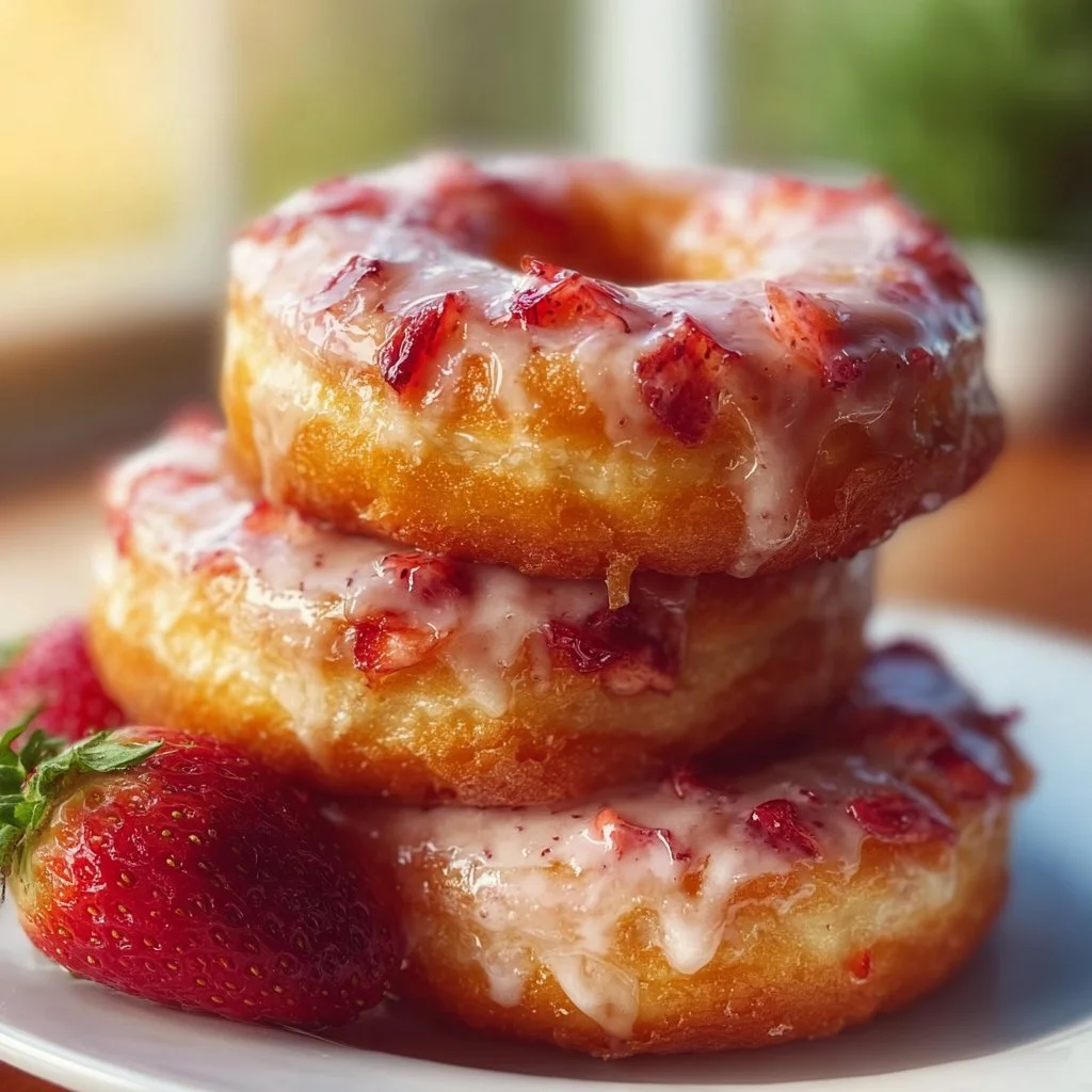 Freshly baked strawberry glazed donuts with pink icing and sprinkles.