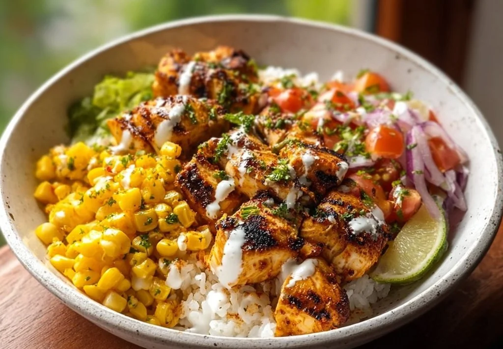 Delicious Street Corn Chicken Rice Bowl with colorful ingredients