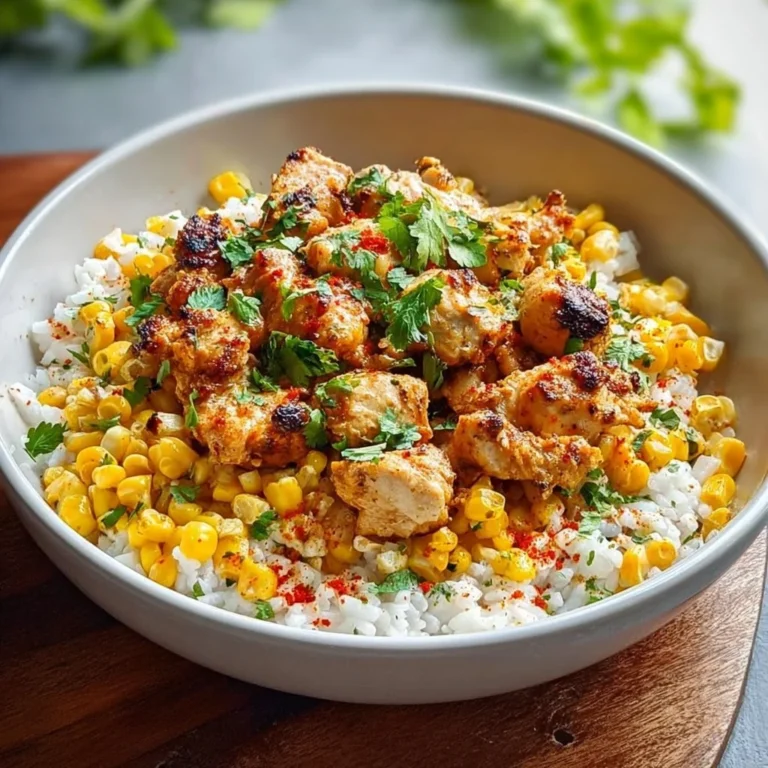 Delicious street corn chicken rice bowl topped with fresh ingredients