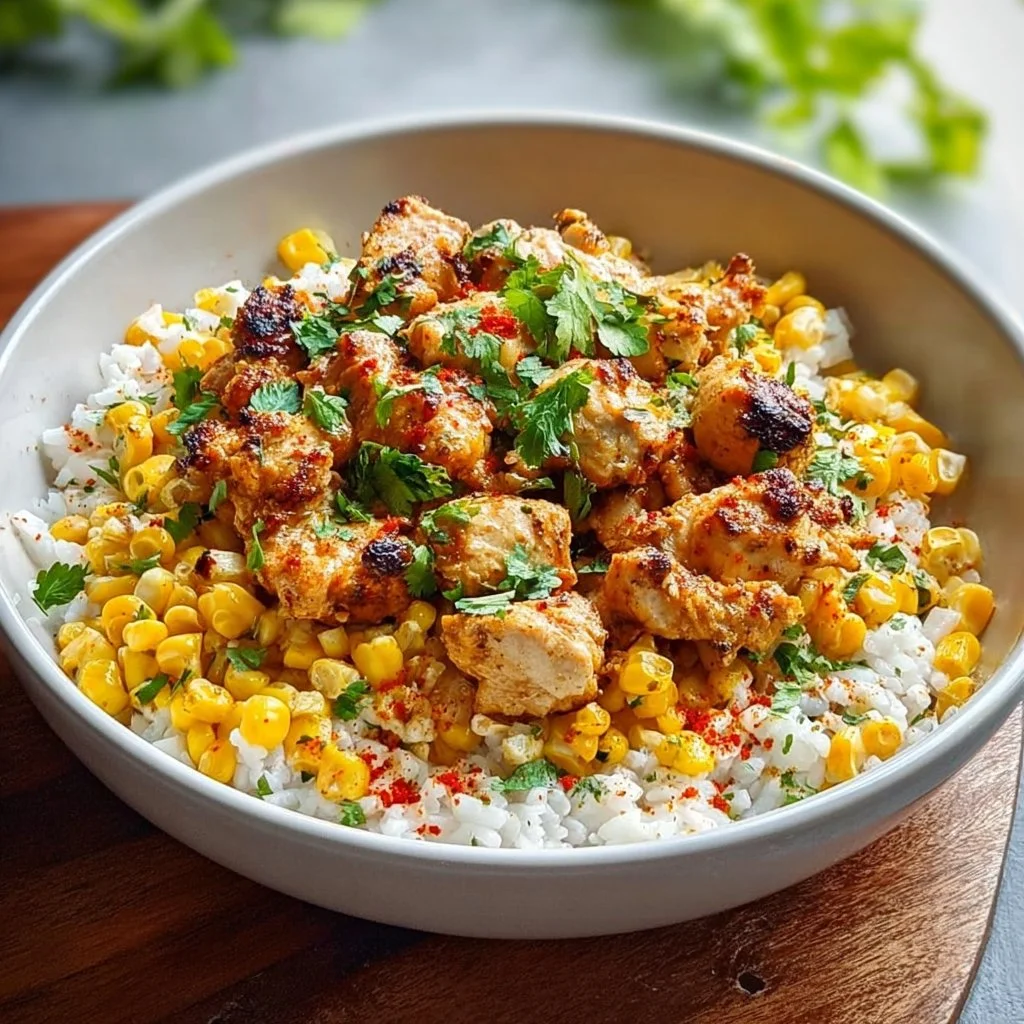 Delicious street corn chicken rice bowl topped with fresh ingredients