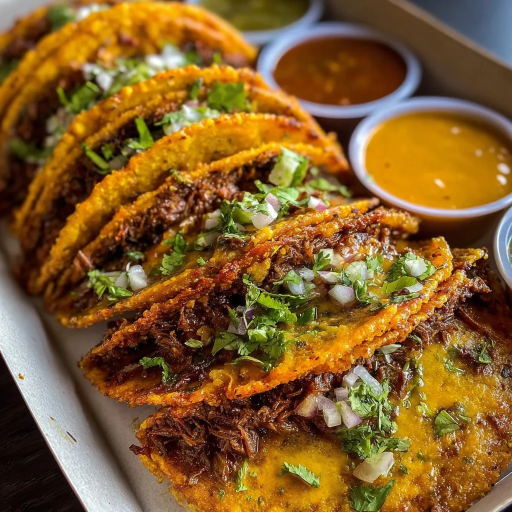 Plate of super crispy birria tacos with vibrant toppings and side sauces