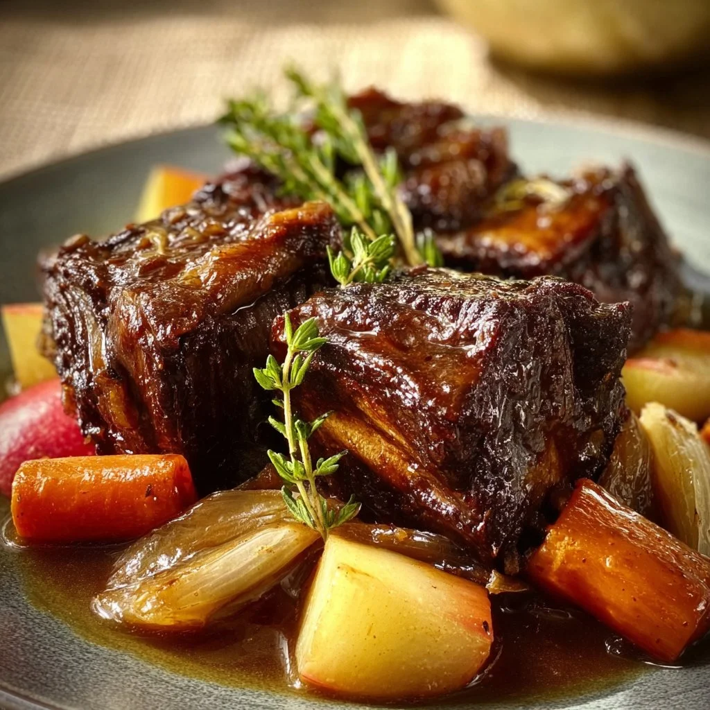 Delicious tender apple cider-braised short ribs served on a plate.
