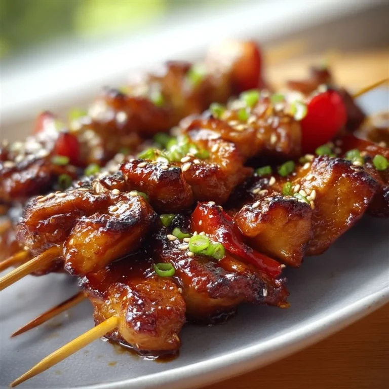 Delicious Teriyaki Chicken Skewers ready to serve with barbecue sauce