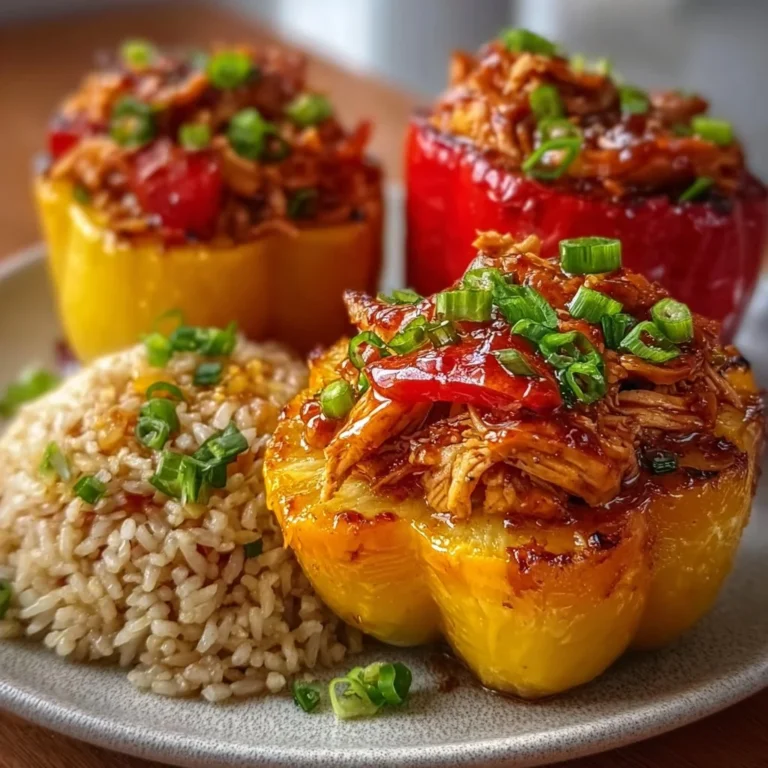 Teriyaki pineapple chicken and rice stuffed peppers served on a plate.