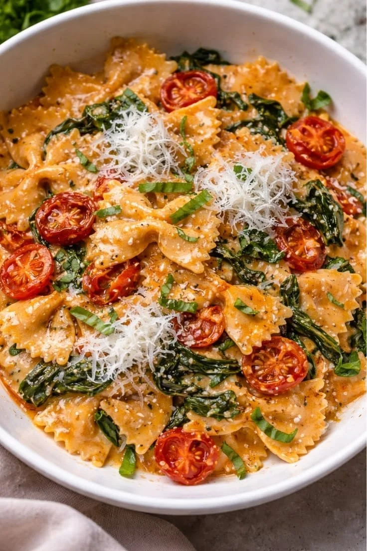 Delicious Tomato Spinach Farfalle Pasta garnished with fresh basil