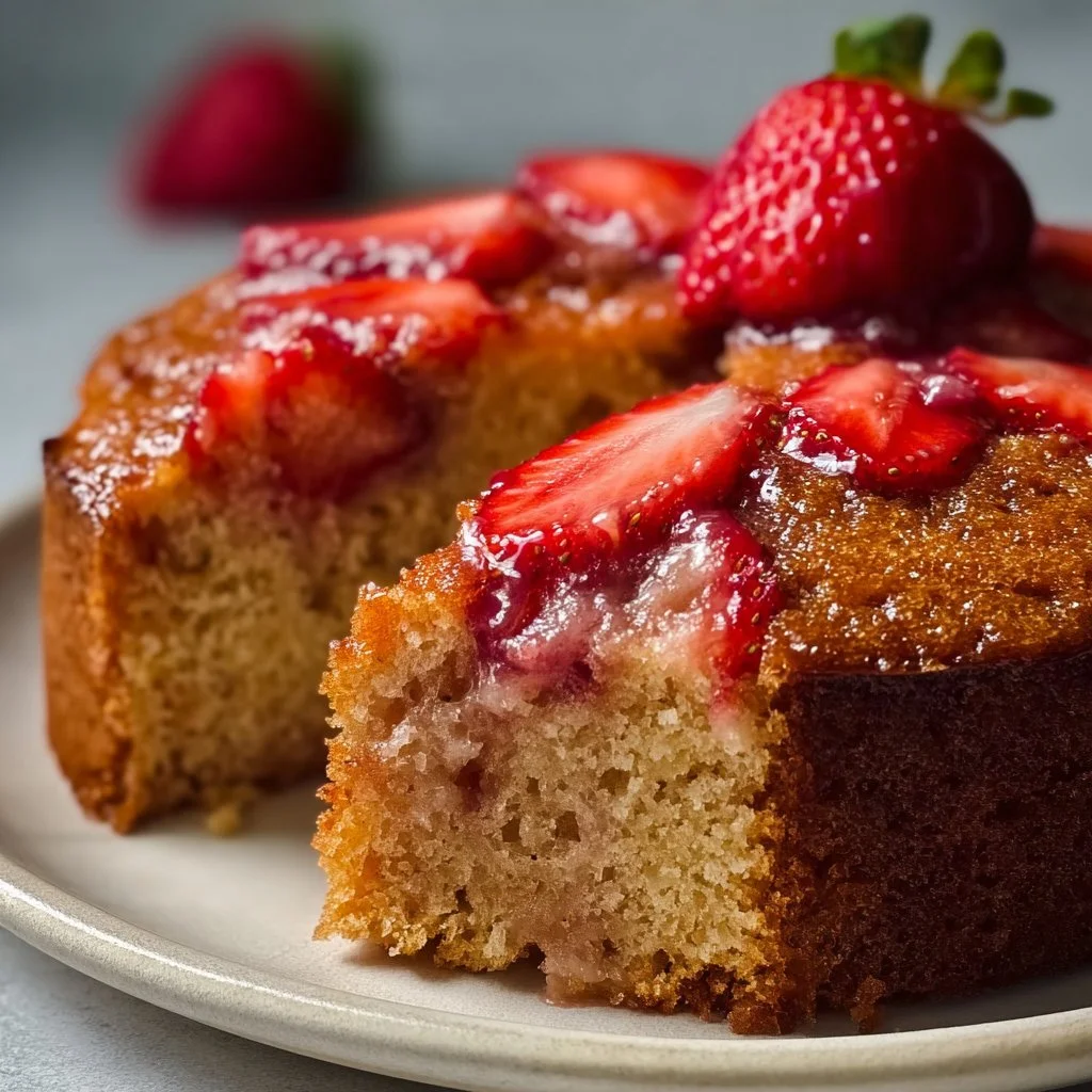 Vegan gluten free strawberry cake topped with fresh strawberries