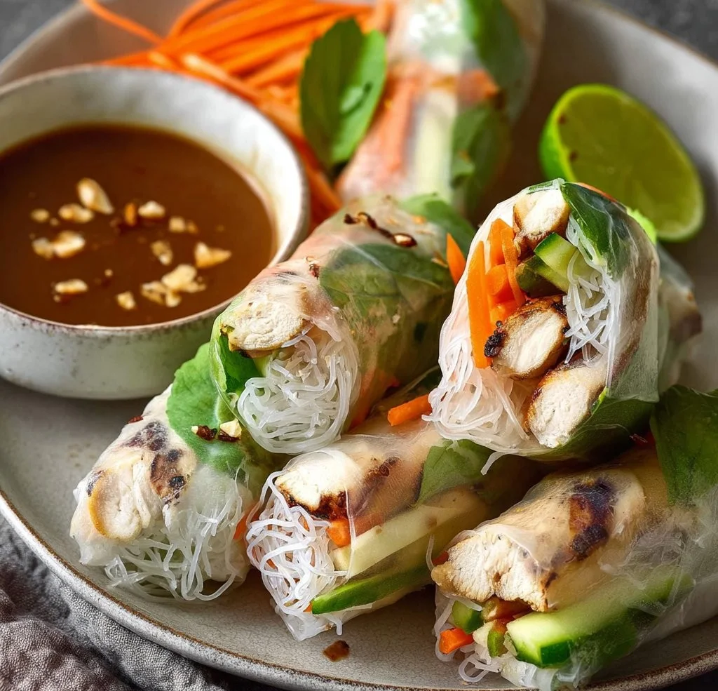 Delicious Vietnamese summer rolls filled with chicken and fresh vegetables