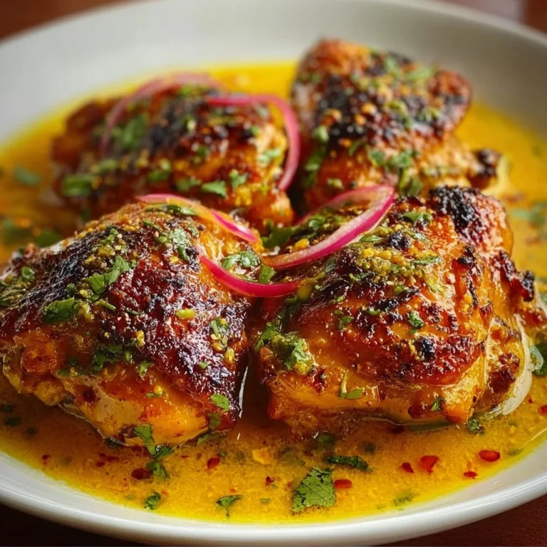 Delicious Yellow Pepper Chicken Thighs served on a plate garnished with herbs.