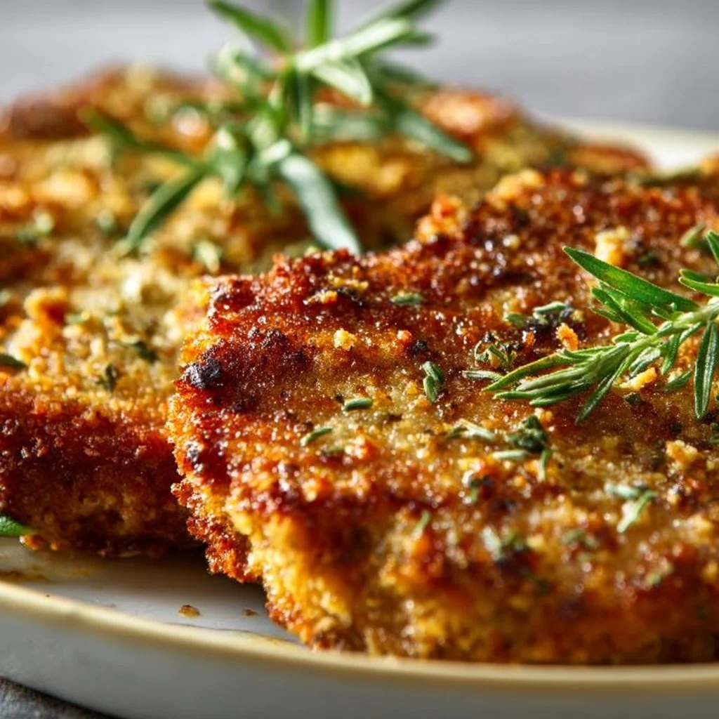 Air fryer parmesan crusted pork chops served on a plate.