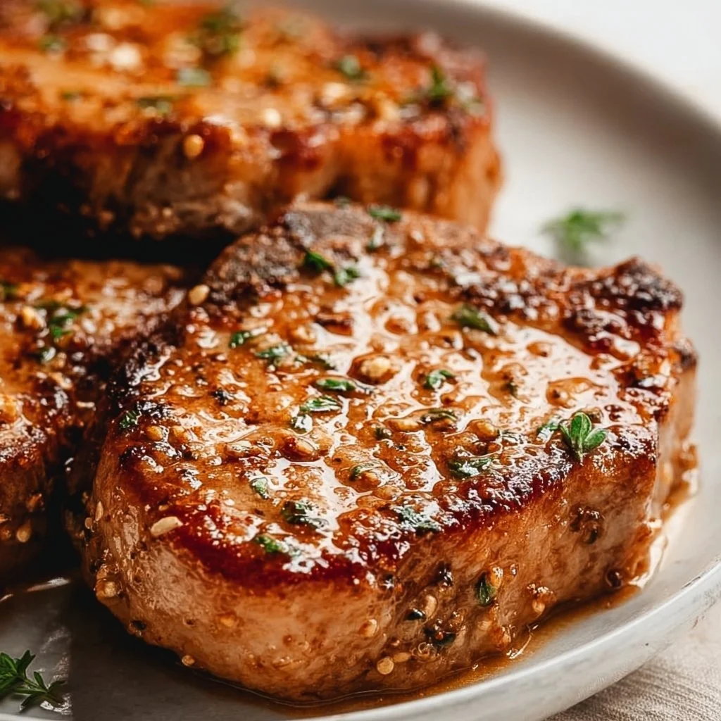 Juicy air fryer pork chops served with vegetables