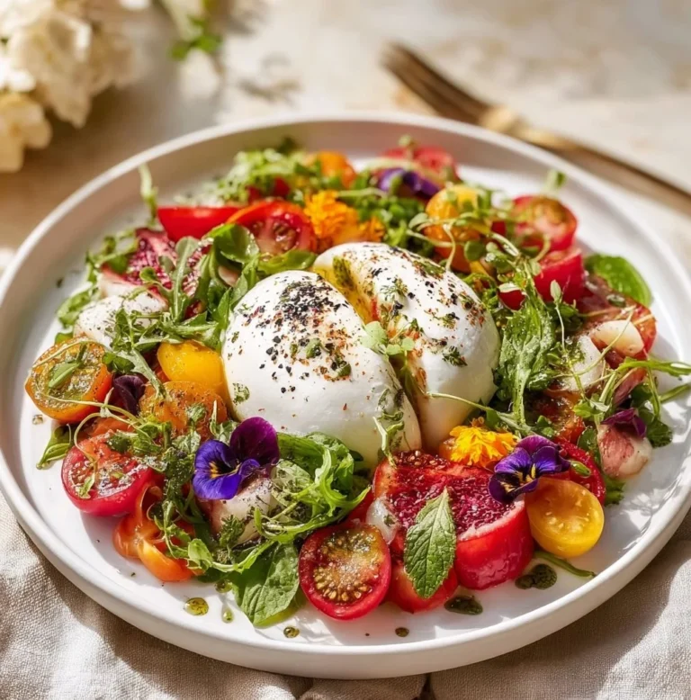 Artistic Burrata Salad with fresh vegetables and drizzled olive oil