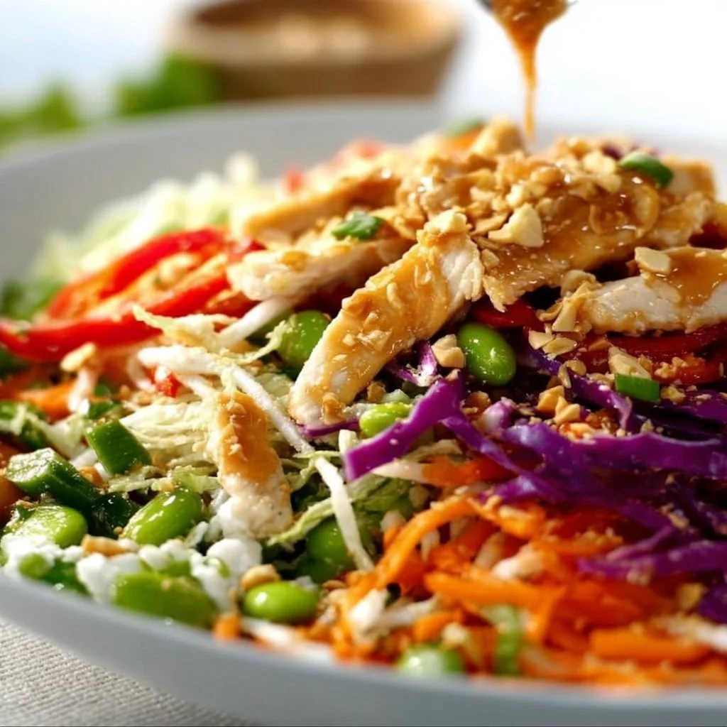 Asian Chicken Crunch Salad topped with fresh vegetables and a tangy dressing