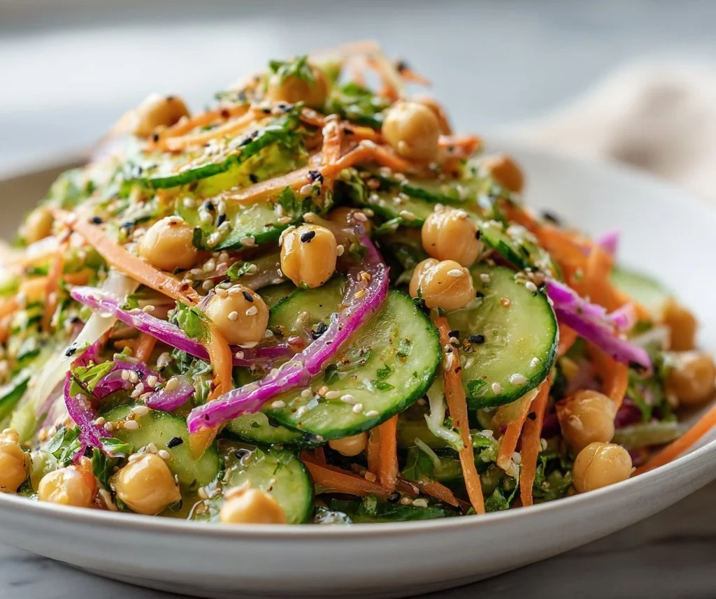 Asian cucumber and chickpea slaw with sesame dressing in a bowl