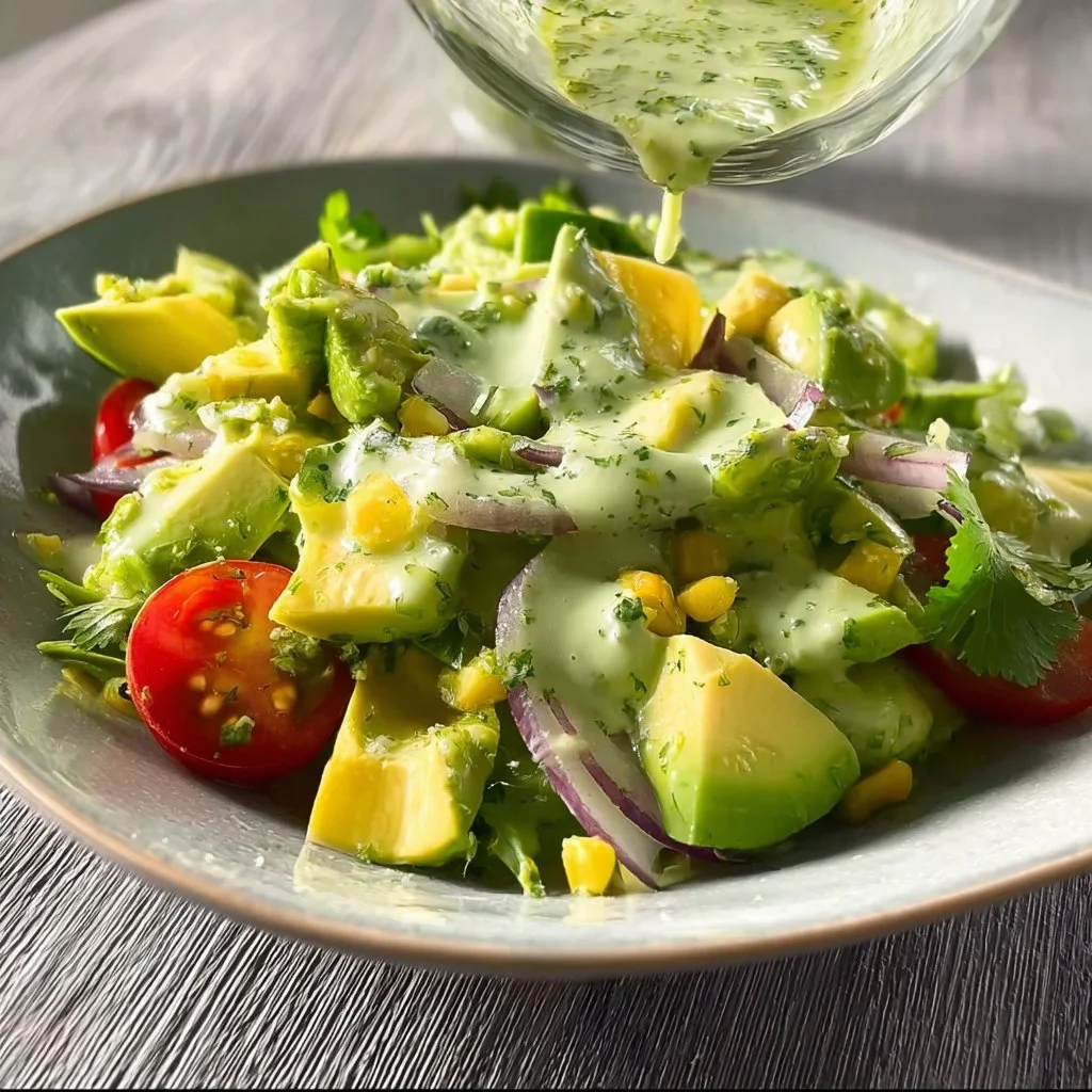 Fresh avocado salad topped with lime cilantro dressing