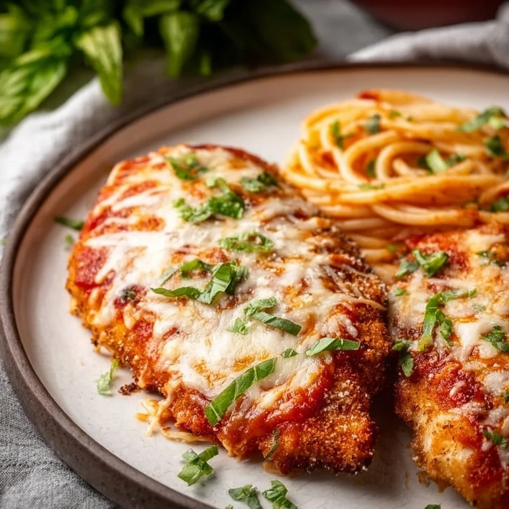 Baked Chicken Parmesan with marinara sauce and melted cheese on a plate
