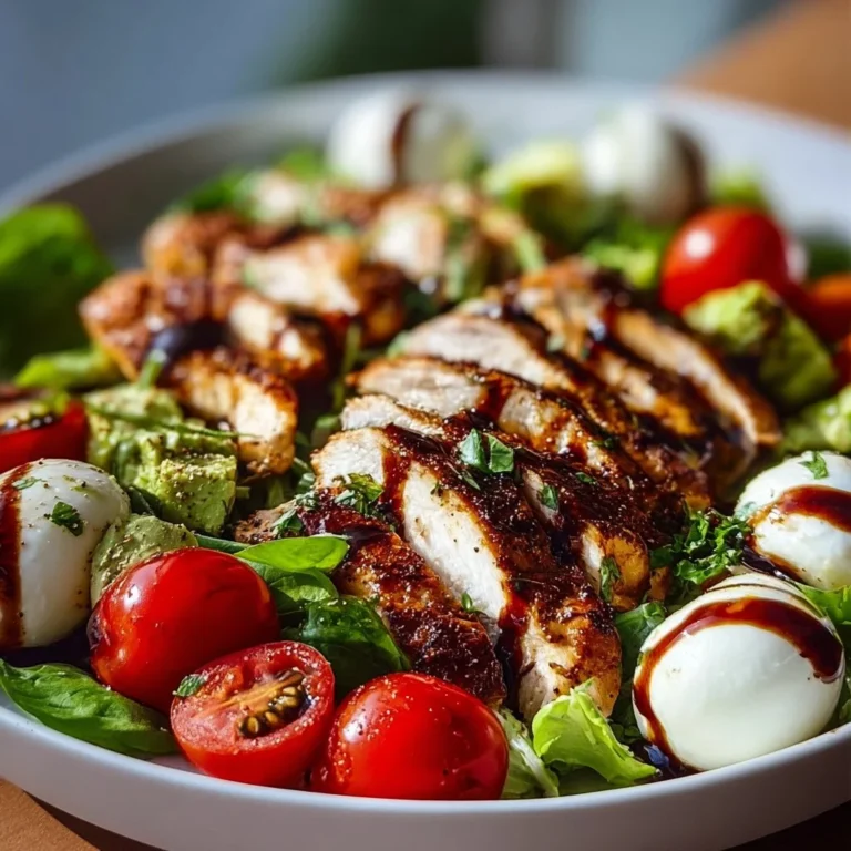 Baked marinated chicken salad topped with mozzarella and balsamic vinaigrette