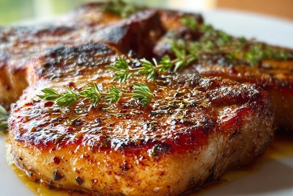 Juicy baked pork chops served with herbs and spices