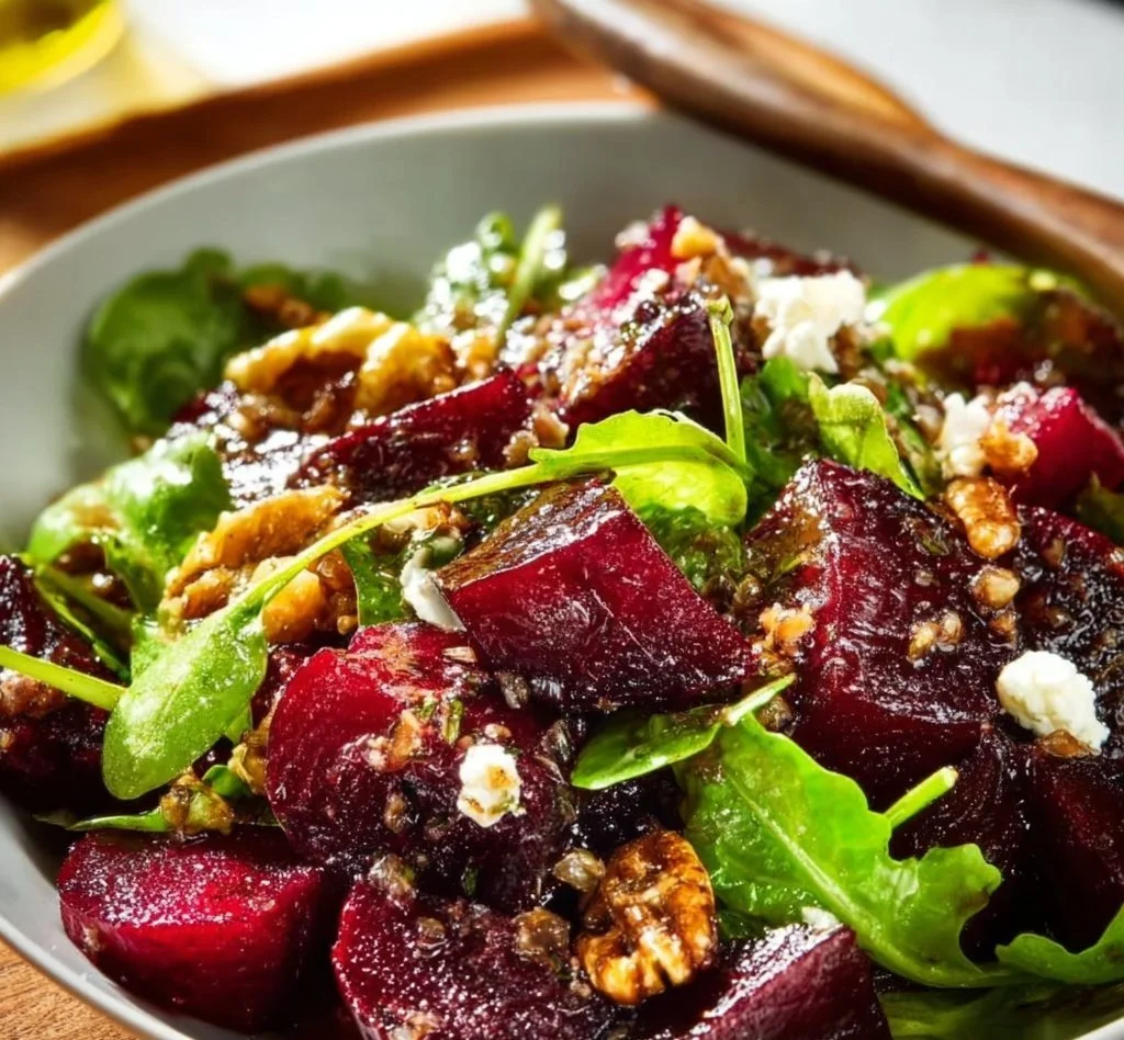 Fresh and colorful beet salad topped with greens and feta cheese