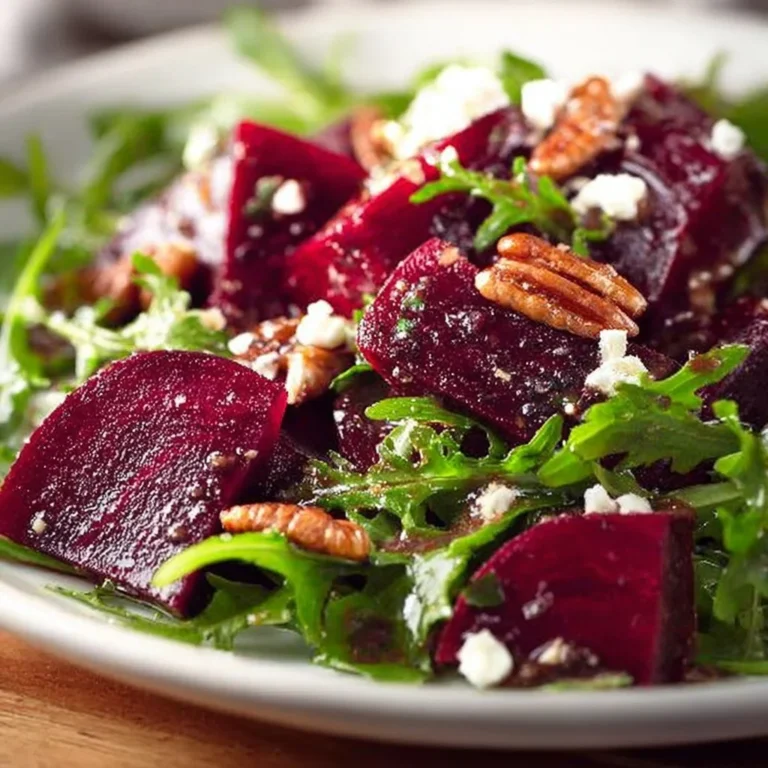Beet salad with arugula and balsamic dressing served on a plate
