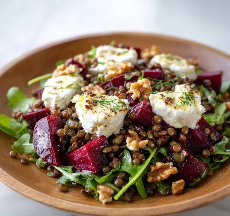 Beetroot lentil salad topped with goat cheese and walnuts on a plate