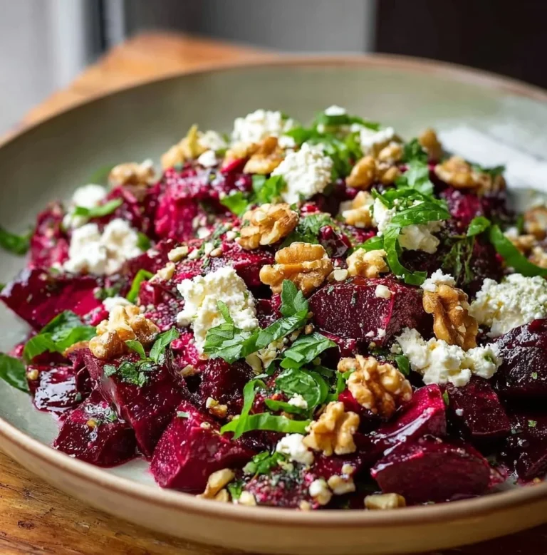 Healthy beetroot salad topped with feta cheese and walnuts