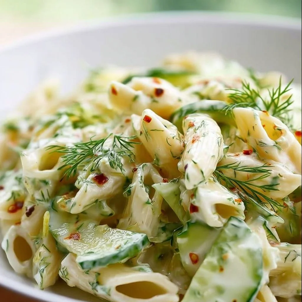 Delicious cucumber pasta salad served in a bowl with fresh ingredients