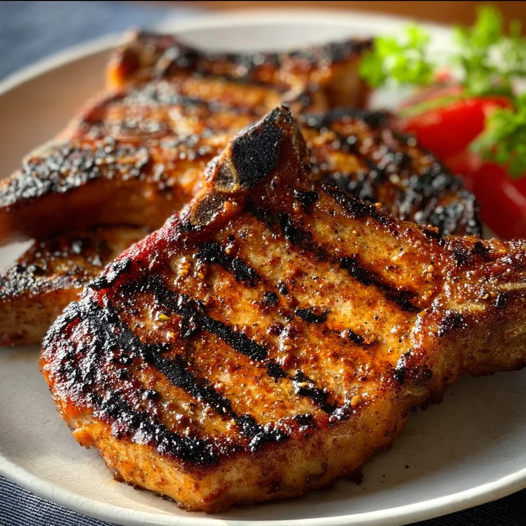 Juicy grilled pork chops garnished with herbs on a BBQ grill