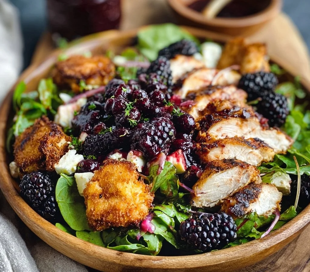 Blackberry Balsamic Grilled Chicken Salad with Crispy Fried Goat Cheese