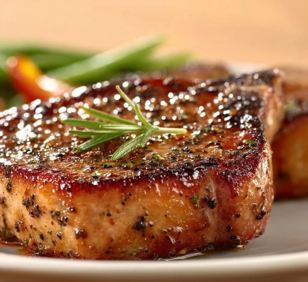 Grilled Blackstone pork chops served with sides on a plate