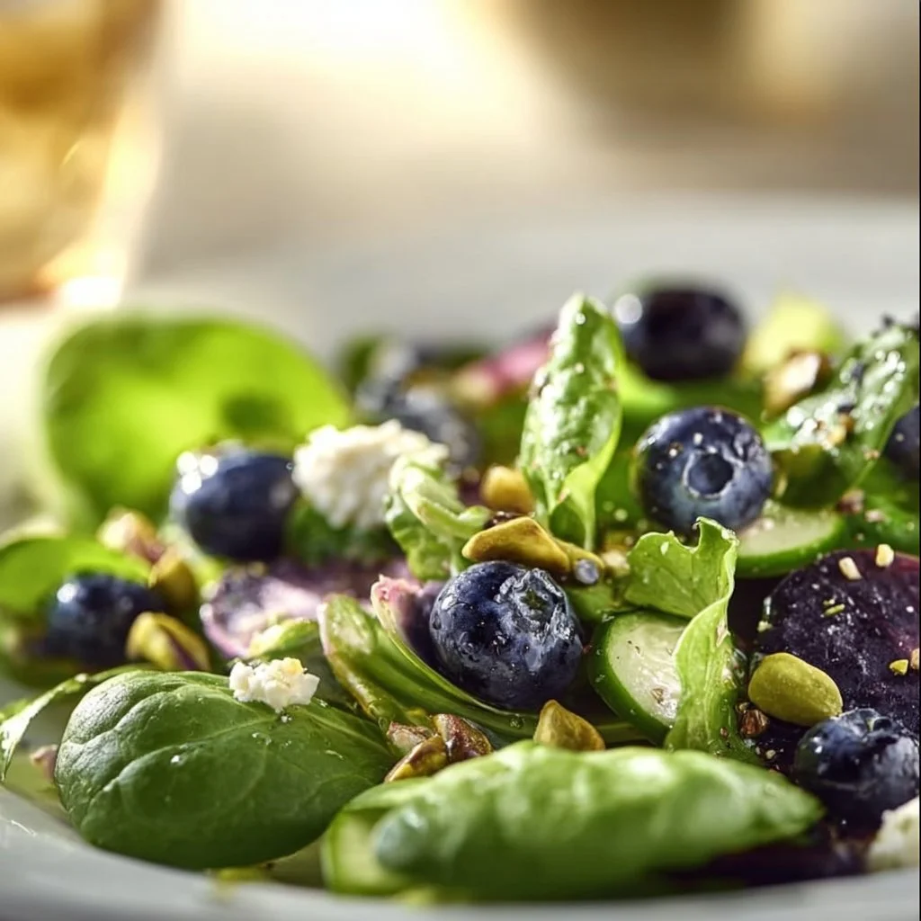 Blueberry Pistachio Spring Salad with fresh greens, blueberries, and nuts