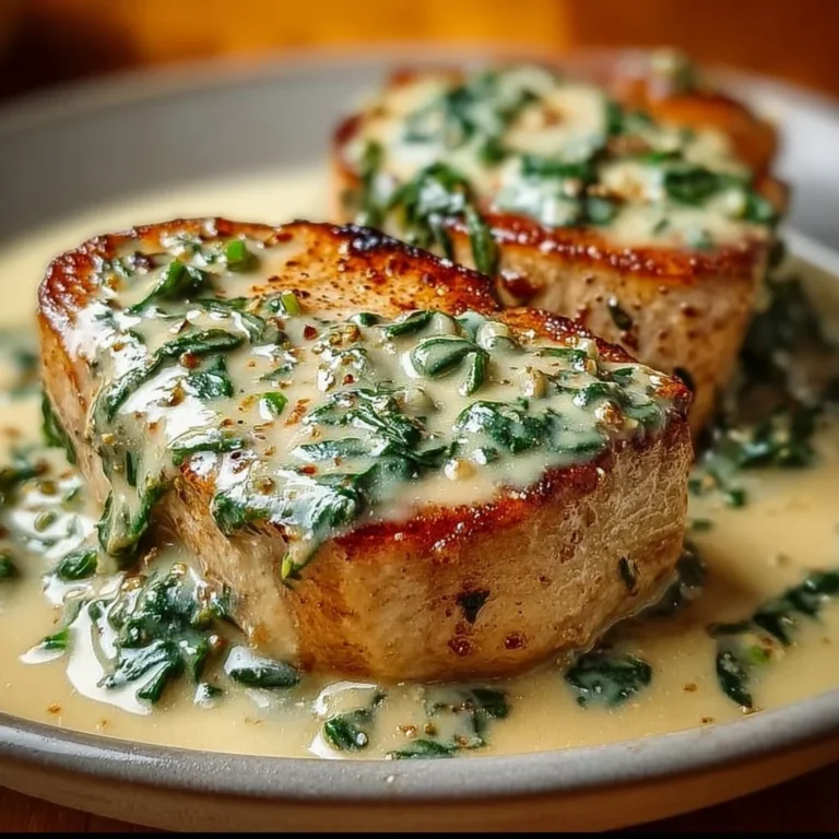 Boneless pork chops in creamy garlic spinach sauce served on a plate